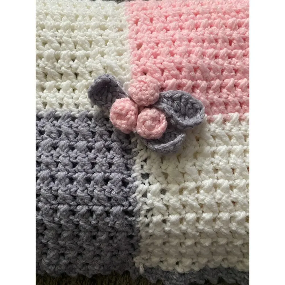 Vintage Hand Crochet knit Baby Blanket 42.5X42.5 color squares and flowers